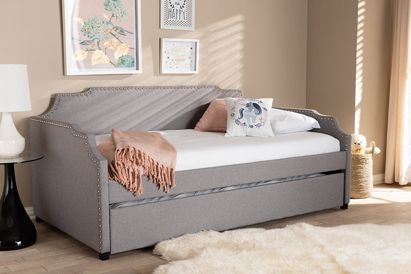 Corey Modern and Contemporary Gray Fabric Upholstered Twin Size Sofa Daybed w/Roll Out Trundle Guest Bed