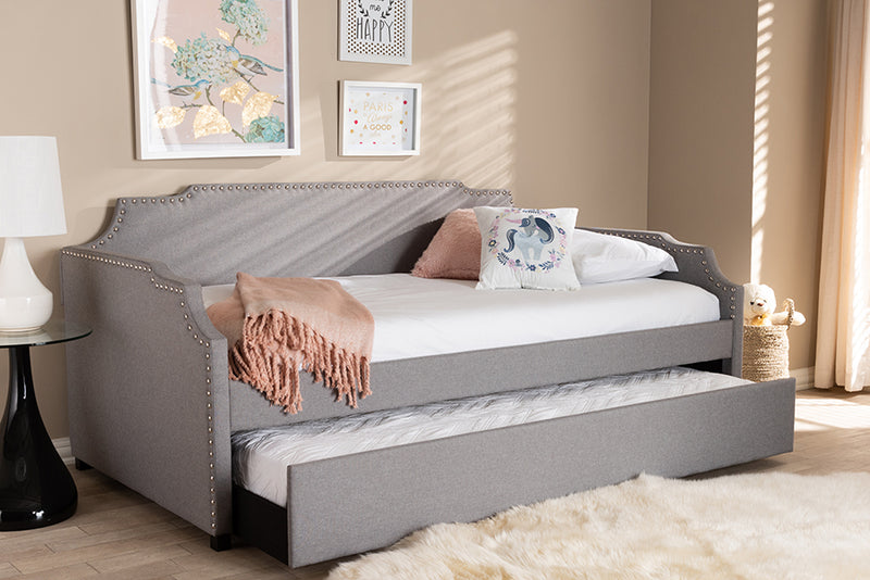 Corey Modern and Contemporary Gray Fabric Upholstered Twin Size Sofa Daybed w/Roll Out Trundle Guest Bed