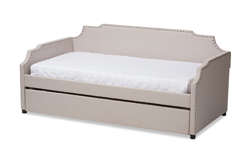 Corey Modern and Contemporary Beige Fabric Upholstered Twin Size Sofa Daybed w/Roll Out Trundle Guest Bed