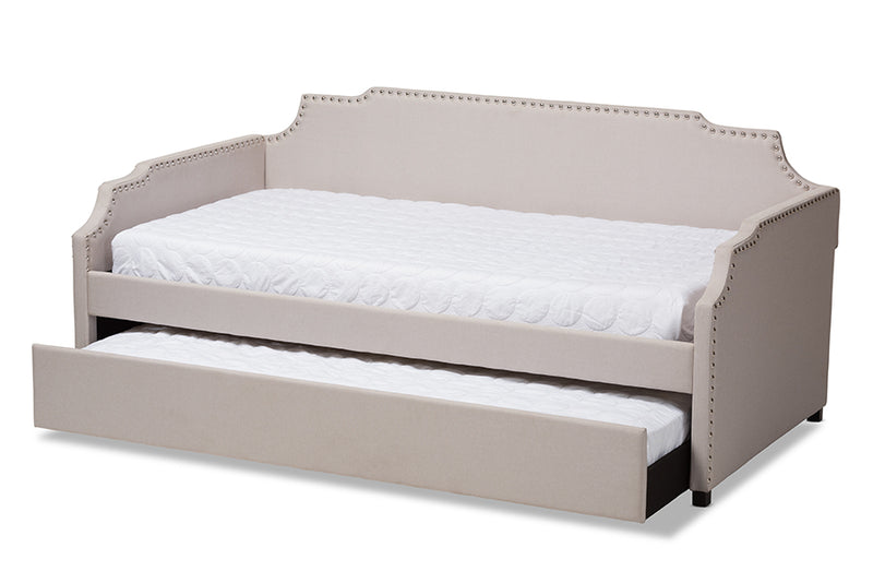 Corey Modern and Contemporary Beige Fabric Upholstered Twin Size Sofa Daybed w/Roll Out Trundle Guest Bed