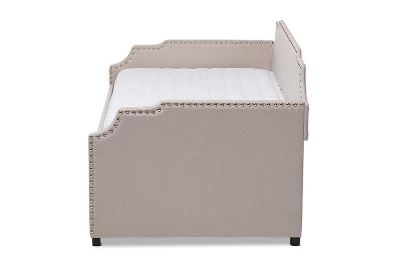 Corey Modern and Contemporary Beige Fabric Upholstered Twin Size Sofa Daybed w/Roll Out Trundle Guest Bed