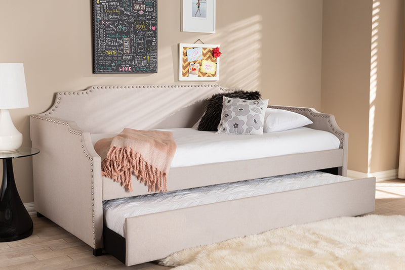 Corey Modern and Contemporary Beige Fabric Upholstered Twin Size Sofa Daybed w/Roll Out Trundle Guest Bed