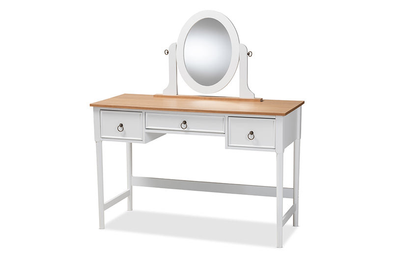 Audra Classic and Traditional White 3-Drawer Wood Vanity Table w/Mirror