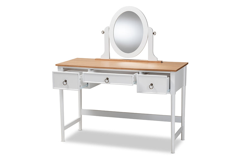 Audra Classic and Traditional White 3-Drawer Wood Vanity Table w/Mirror