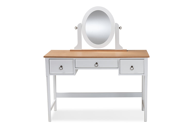 Audra Classic and Traditional White 3-Drawer Wood Vanity Table w/Mirror