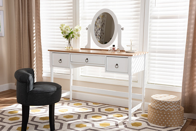 Audra Classic and Traditional White 3-Drawer Wood Vanity Table w/Mirror