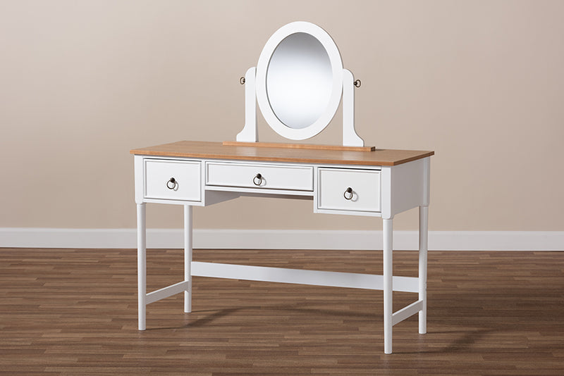 Audra Classic and Traditional White 3-Drawer Wood Vanity Table w/Mirror