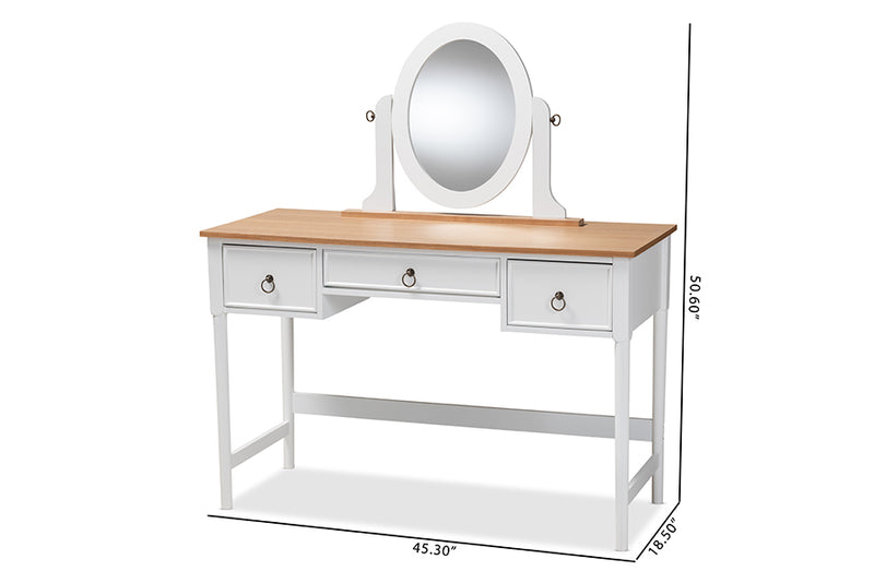 Audra Classic and Traditional White 3-Drawer Wood Vanity Table w/Mirror