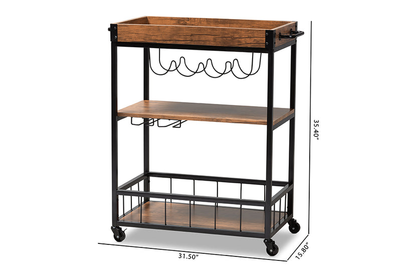 Tacita Vintage Rustic Industrial Oak Brown and Black Finished Mobile Metal Bar Cart w/Wine Bottle Rack