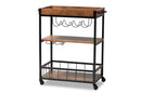 Tacita Oak Brown and Black Finished Mobile Metal Bar Cart w/Wine Bottle Rack Baxton