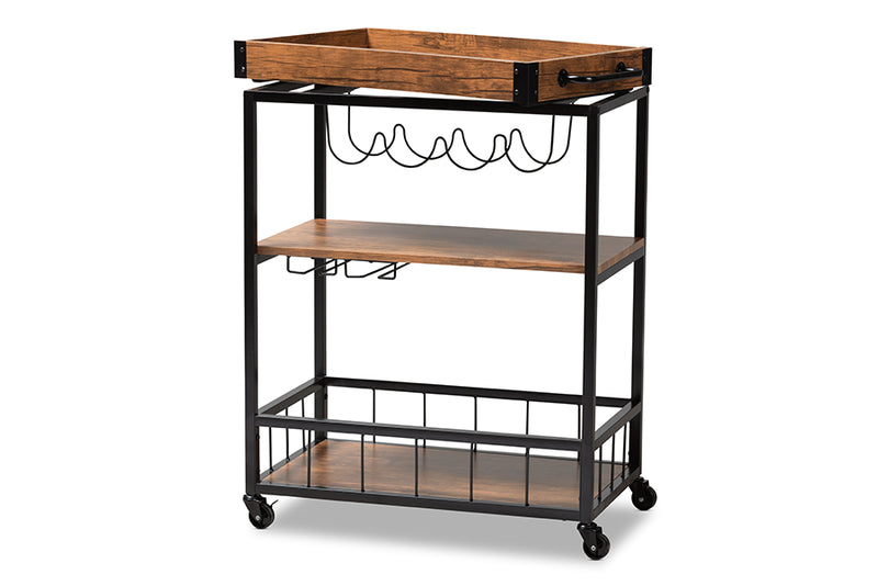 Tacita Vintage Rustic Industrial Oak Brown and Black Finished Mobile Metal Bar Cart w/Wine Bottle Rack