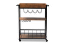 Tacita Oak Brown and Black Finished Mobile Metal Bar Cart w/Wine Bottle Rack Baxton
