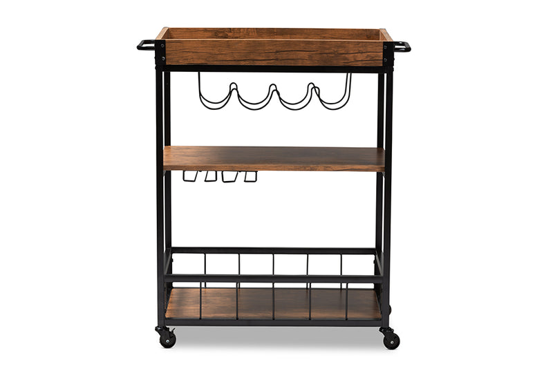 Tacita Vintage Rustic Industrial Oak Brown and Black Finished Mobile Metal Bar Cart w/Wine Bottle Rack