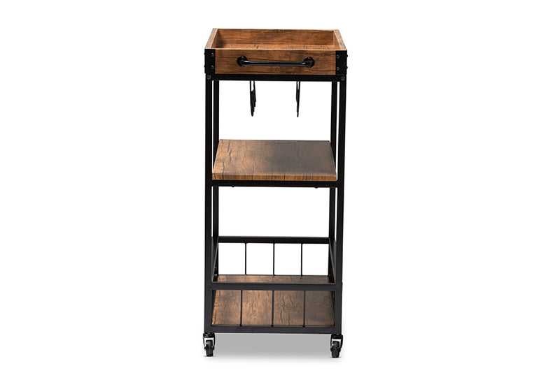 Tacita Vintage Rustic Industrial Oak Brown and Black Finished Mobile Metal Bar Cart w/Wine Bottle Rack