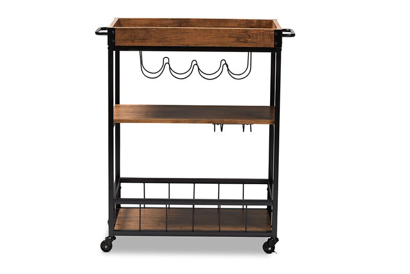 Tacita Vintage Rustic Industrial Oak Brown and Black Finished Mobile Metal Bar Cart w/Wine Bottle Rack