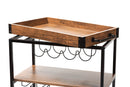 Tacita Oak Brown and Black Finished Mobile Metal Bar Cart w/Wine Bottle Rack Baxton
