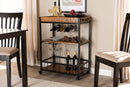 Tacita Oak Brown and Black Finished Mobile Metal Bar Cart w/Wine Bottle Rack Baxton