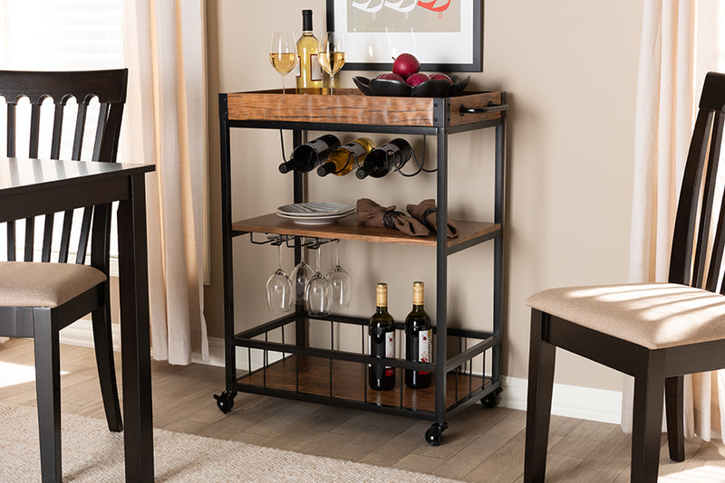 Tacita Vintage Rustic Industrial Oak Brown and Black Finished Mobile Metal Bar Cart w/Wine Bottle Rack