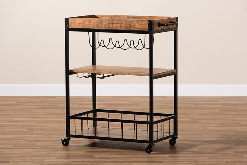 Tacita Vintage Rustic Industrial Oak Brown and Black Finished Mobile Metal Bar Cart w/Wine Bottle Rack