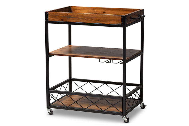 Raurey Vintage Rustic Industrial Oak Brown and Black Finished Mobile Metal Bar Cart w/Stemware Rack