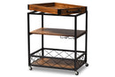 Raurey Oak Brown and Black Finished Mobile Metal Bar Cart w/Stemware Rack Baxton