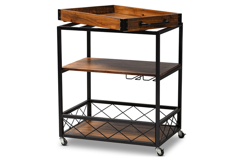 Raurey Vintage Rustic Industrial Oak Brown and Black Finished Mobile Metal Bar Cart w/Stemware Rack