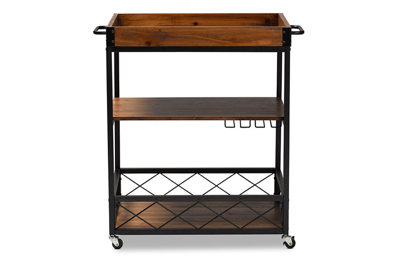 Raurey Vintage Rustic Industrial Oak Brown and Black Finished Mobile Metal Bar Cart w/Stemware Rack