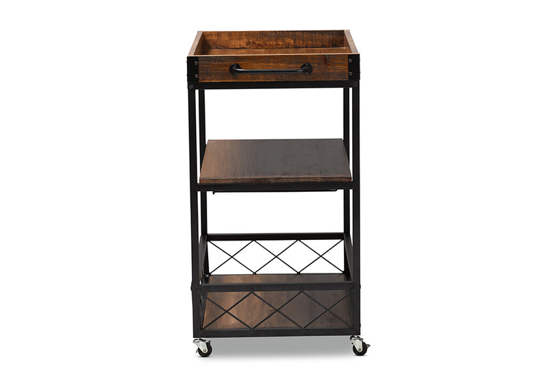 Raurey Vintage Rustic Industrial Oak Brown and Black Finished Mobile Metal Bar Cart w/Stemware Rack