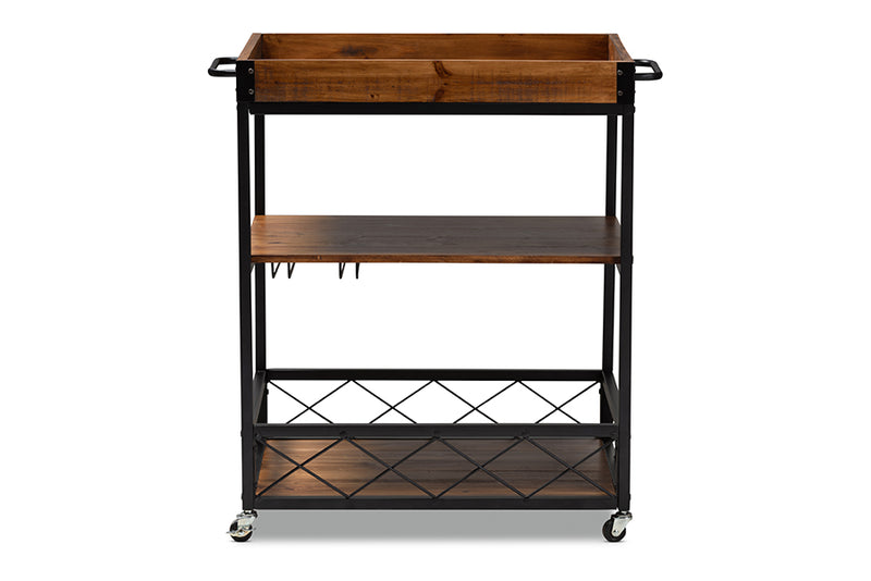 Raurey Vintage Rustic Industrial Oak Brown and Black Finished Mobile Metal Bar Cart w/Stemware Rack