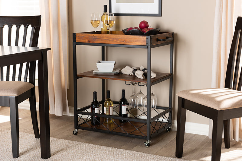 Raurey Vintage Rustic Industrial Oak Brown and Black Finished Mobile Metal Bar Cart w/Stemware Rack