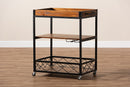 Raurey Oak Brown and Black Finished Mobile Metal Bar Cart w/Stemware Rack Baxton