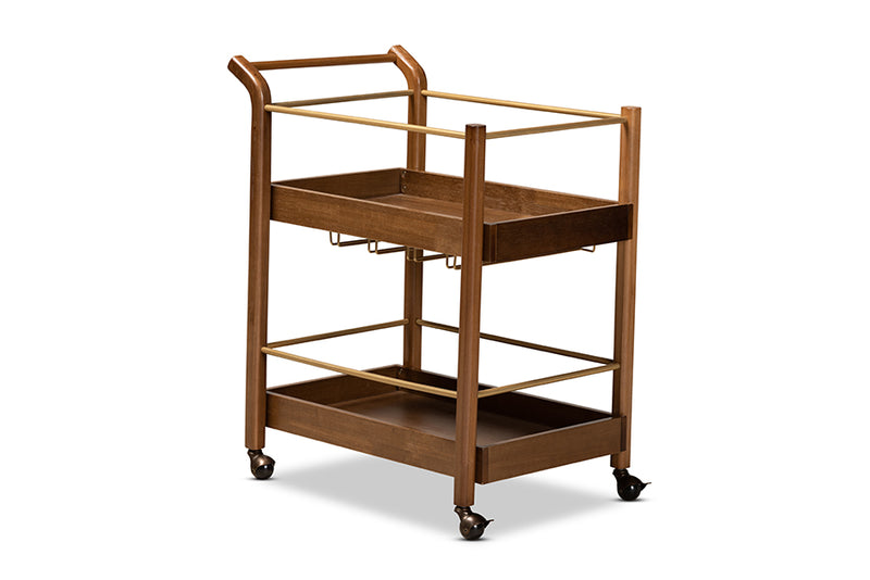 Maureen Modern and Contemporary Walnut Brown Finished Wood and Antique Gold Finished Metal 2-Tier Mobile Bar Cart