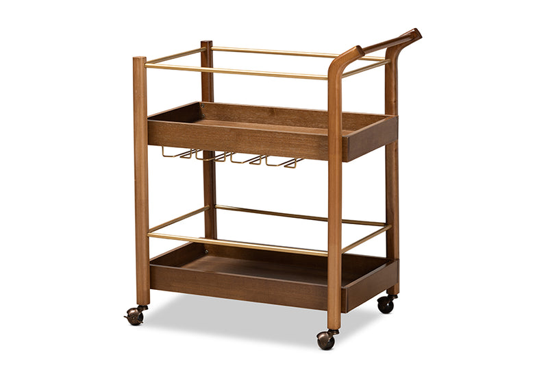 Maureen Modern and Contemporary Walnut Brown Finished Wood and Antique Gold Finished Metal 2-Tier Mobile Bar Cart