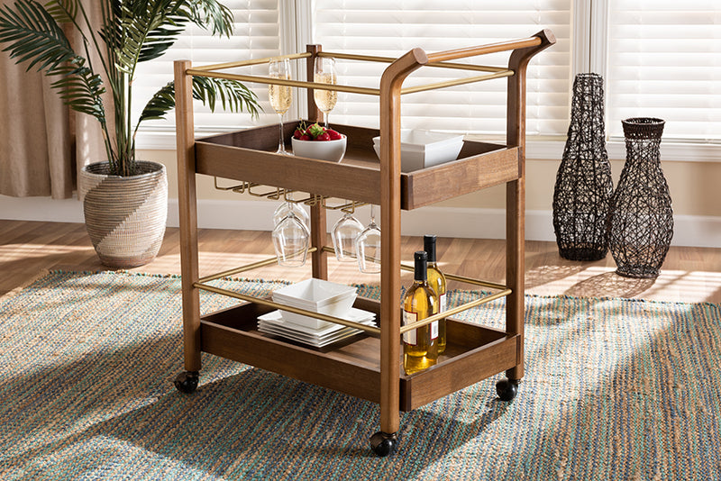 Maureen Modern and Contemporary Walnut Brown Finished Wood and Antique Gold Finished Metal 2-Tier Mobile Bar Cart