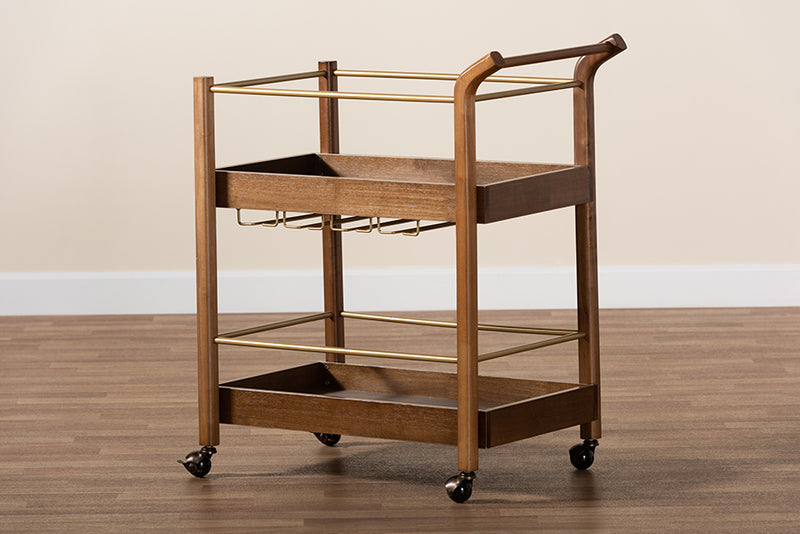 Maureen Modern and Contemporary Walnut Brown Finished Wood and Antique Gold Finished Metal 2-Tier Mobile Bar Cart