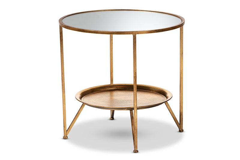 Svante Modern and Contemporary Antique Gold Finished Metal and Mirrored Glass Accent Table w/Tray Shelf