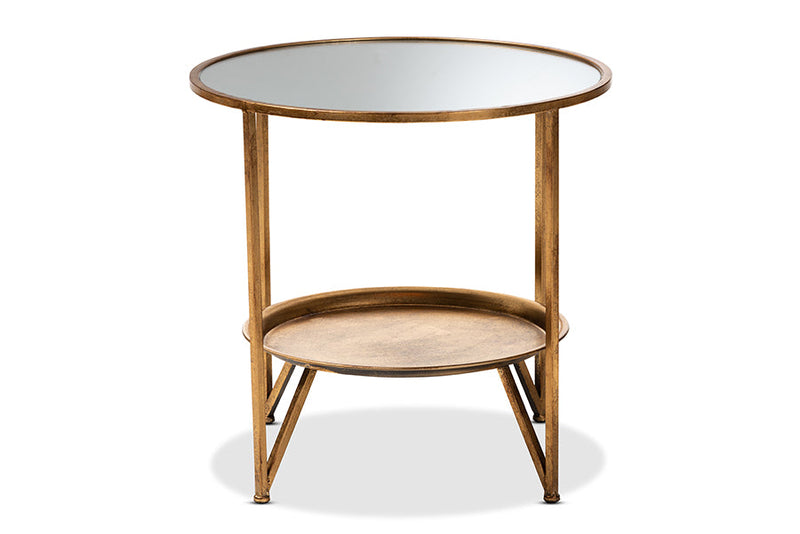 Svante Antique Gold Finished Metal and Mirrored Glass Accent Table w/Tray Shelf Baxton