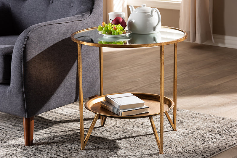 Svante Modern and Contemporary Antique Gold Finished Metal and Mirrored Glass Accent Table w/Tray Shelf