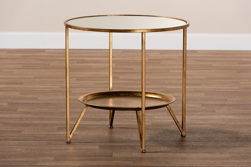 Svante Antique Gold Finished Metal and Mirrored Glass Accent Table w/Tray Shelf Baxton