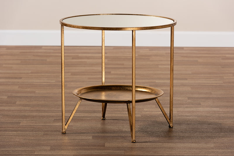 Svante Modern and Contemporary Antique Gold Finished Metal and Mirrored Glass Accent Table w/Tray Shelf