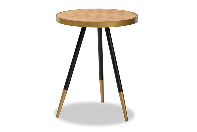 Alarice Modern and Contemporary Round Walnut Wood and Metal End Table w/Two-Tone Black and Gold Legs