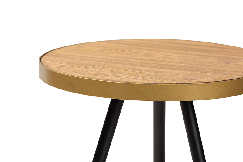 Alarice Modern and Contemporary Round Walnut Wood and Metal End Table w/Two-Tone Black and Gold Legs