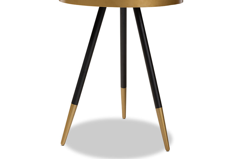 Alarice Modern and Contemporary Round Walnut Wood and Metal End Table w/Two-Tone Black and Gold Legs