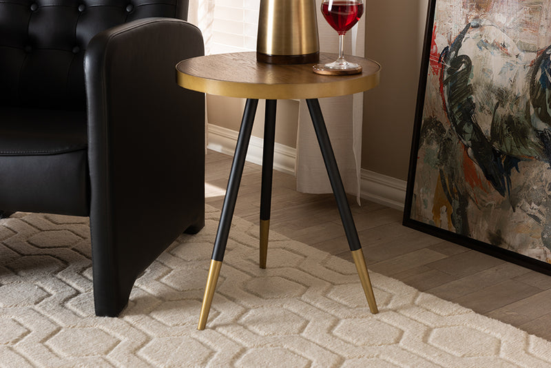 Alarice Modern and Contemporary Round Walnut Wood and Metal End Table w/Two-Tone Black and Gold Legs