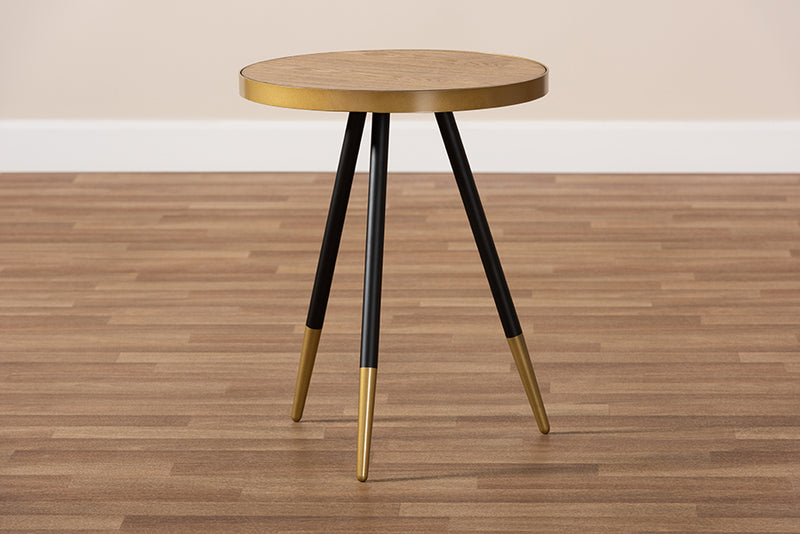 Alarice Modern and Contemporary Round Walnut Wood and Metal End Table w/Two-Tone Black and Gold Legs