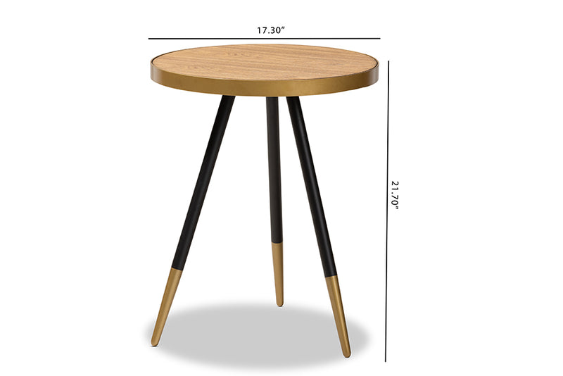 Alarice Modern and Contemporary Round Walnut Wood and Metal End Table w/Two-Tone Black and Gold Legs