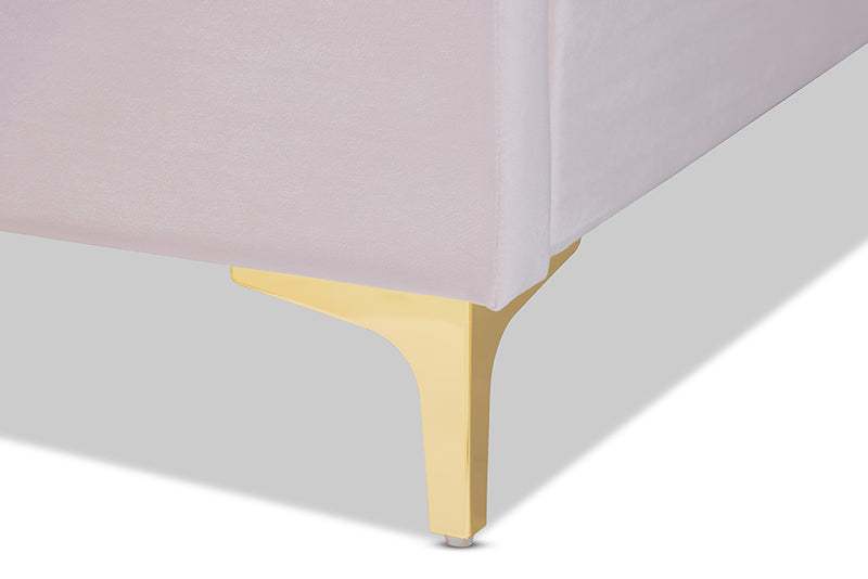Connor Glam and Luxe Light Pink Velvet Fabric Upholstered Queen Size Platform Bed w/Gold-Tone Legs