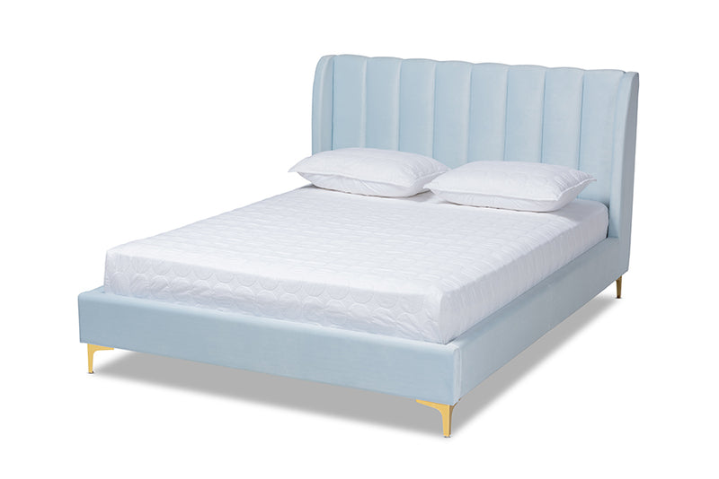 Connor Glam and Luxe Light Blue Velvet Fabric Upholstered Queen Size Platform Bed w/Gold-Tone Legs