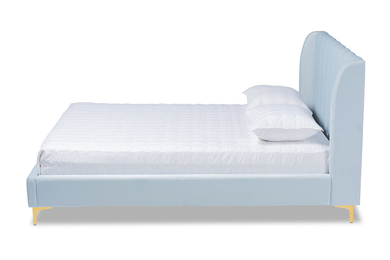 Connor Glam and Luxe Light Blue Velvet Fabric Upholstered Queen Size Platform Bed w/Gold-Tone Legs