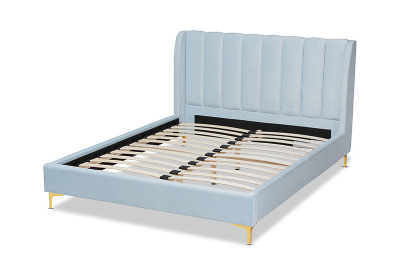 Connor Glam and Luxe Light Blue Velvet Fabric Upholstered Queen Size Platform Bed w/Gold-Tone Legs